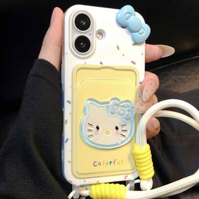  SANRIO 1pc New Personalized Cute 3D Korean Style Hello Kitty Blue Bow Lanyard Card Holder Pouch, Minimalist Niche Suitable For IPhone 17 17Pro 17PM 16 16Pro 16PM 15 15Pro 15PM 14ProMax 14Pro 14 13ProMax 13Pro 12ProMax 12Pro 11 11ProMax, Fashionable Phone Case Protective Cover, Suitable As A Gift For Girls