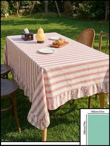 1pc Light Red Fresh Striped Ruffle Tablecloth, American Farmhouse Style Minimalist Decor, Rectangular For Dining Table, Coffee Table, TV Stand, Entryway, Suitable For Holidays, Parties, Weddings, Banquets, Home, Office, Outdoor Picnic, All Seasons - Red - View 19