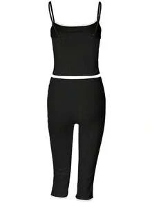 Women's Summer Ribbed Lace Patchwork Bowknot Cropped Camisole And Pants 2 Pieces Fitted Sexy Outfit Black - Black - View 6