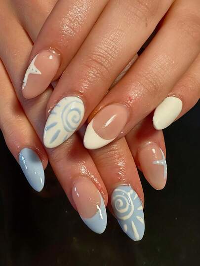 24pcs Summer Beach Almond-Shaped Cute Blue Starfish & Sun French Fake Nails, Refreshing Summer Vibe Press-On Nails, Essential For Women In Summer