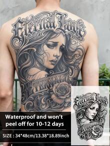 1 pieza Tatuaje temporal falso para la espalda de hombres, retrato femenino , gótico, semi-permanente, resistente al agua y al sudor, que dura de 1 a 2 semanas, realista, con jugo de hierbas, antifricción, sin reflejo, negro, para mujer y hombre, pegatinas de tatuaje para brazo, pecho, pierna - HM063 - Ver 8