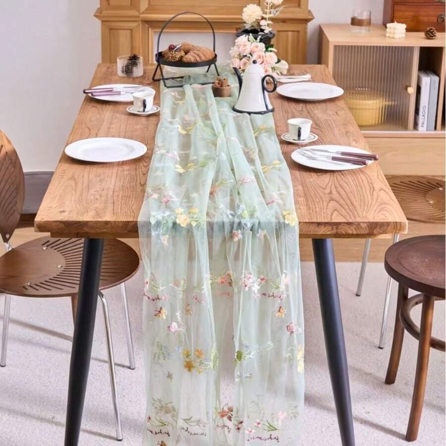 Embroidered Sage Green Tulle Table Runner With Butterfly Flower Design | Ideal For Weddings, Spring/Summer Parties, And Various Occasions, Polyester Fabric - Small Floral Pattern - View 1
