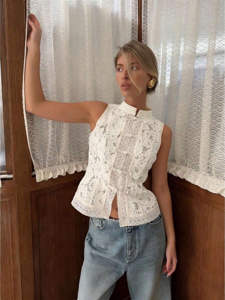 Women Long Sleeve Mandarin Collar Guipure Split Blouse Top Lace Floral Puff Sleeve Button-Down Shirt Slim Fit Elegant Sheer Tops Party Clubwear - 無袖A字白色 - 查看 1