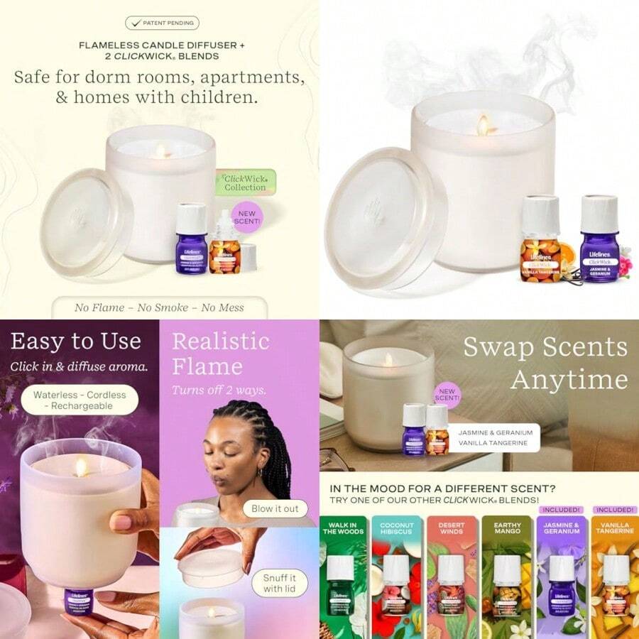 Lifelines - Difusor de aceites esenciales de aromaterapia sin llama con 2 mezclas de aceites esenciales ClickWick Difusor inalámbrico y sin agua para el hogar velas eléctricas perfumadas con llama - Crema esmerilada - Ver 1