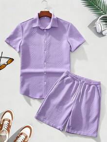 Men's Summer Solid Color Short Sleeve Shirt And Drawstring Shorts Casual Set - Purple - View 2