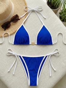 Bộ bikini nữ gợi cảm hở lưng, cổ yếm, phối cùng viền trắng, thiết kế khóa hoa kim loại, tôn dáng, rất cần thiết cho kỳ nghỉ biển. - Nhiều màu - Xem 2