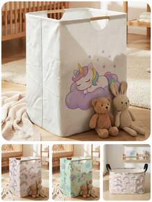 1 pièce Grand panier à linge pliable avec poignée en bois, imprimé avec motif poney, panier à linge pliable durable pour salle de bain, nurserie, panier de rangement polyvalent - Multicolore - Voir 5
