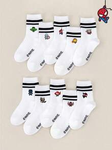 1/5/10 pares de calcetines para niños con diseños de Marvel Spider-Man, Iron Man, Thor, calcetines de rayas negras y blancas tipo tripulación, calcetines tobilleros para niñas/niños, calcetines tobilleros casuales y transpirables con dibujos animados antideslizantes, estilo casual y lindo, para uso diario/regalo de fiesta/verano, diversión de dibujos animados, calcetines de regalo versátiles minimalistas, calcetines tobilleros deportivos para estudiantes, edición limitada de crossover de anime - Blanco - Ver 6