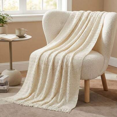 1pc Khaki Knitted Throw Blanket, Casual Nap Blanket With Tassels For Bed, Living Room, Sofa, Chair