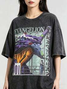 Vintage Washed Ne On Ge Nesis Evan Gelion T-Shirt | EVA 01 Graphic Tee | 100% Cotton Oversized Anime Streetwear - Black 02 - View 2