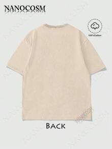 [100% Cotton Top] Cross & Letter Print Washed Tee - Retro Round Neck Breathable Streetwear, Casual Short Sleeve T-Shirt For Summer, Top For All Season-Unisex Women & Men's Daily Wear - 杏色 - 查看 2