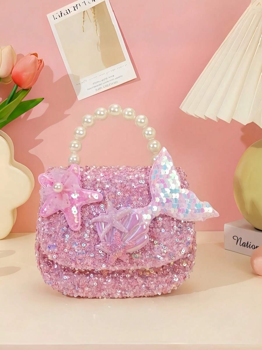 1pc Sequin Material Five-Pointed Star Fish Tail Adjustable Crossbody Bag/Handbag, Suitable For Outings, Holiday Gift - Pink - View 1