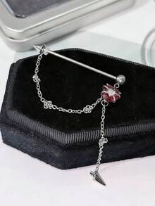 1 chiếc khuyên xỏ công nghiệp bằng thép không gỉ hình trái tim đính đá đỏ, cỡ 14G 1.6mm, có dây xích. - Bạc - Xem 4