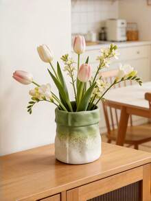 1pc Ombre Green Vase, Elegant Cream Wooden Grain Decor, Suitable For Home Living Room, Windowsill, Tabletop Flower Arrangement, Available In Different Sizes - Paper Bag Gradually Turns Green - View 3