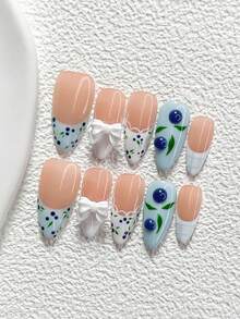 10Pcs Fresh And Sweet Berry Style Handmade Nail Art Set,Unghie Press On,White Bow,Blueberries, Stripes,Blue And White Nail Polish,Dreamy,Includes Nail Tools,3 Sizes Available,Almond Nails , Duck Nails,Coffin Nails For Party, Dance, Daily Wear. - 彩色 - 查看 16