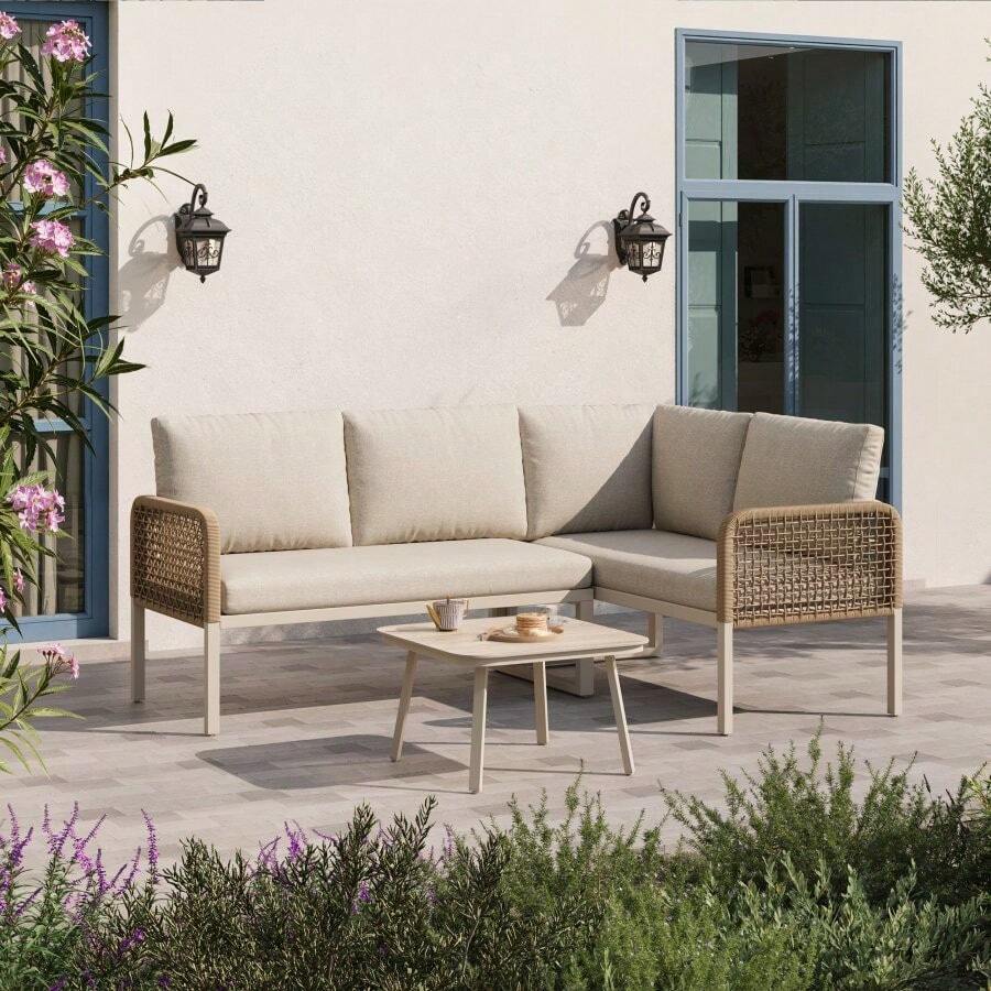 Outdoor Garden Set With Wood-Look Tempered Glass Table, Convertible 4 Seater Polyester Rope Conversation Set With Sofa & Armchairs, Weatherproof Patio Corner Sofa For Balcony & Terrace, Beige - Beige - View 1