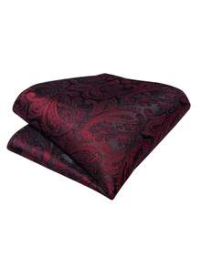 Bộ 4 món sang trọng dành cho nam giới: cà vạt Ascot họa tiết Paisley đỏ, khăn cài túi áo, khuy măng sét và nhẫn đính đá vàng, thích hợp cho tiệc cưới. - Đỏ - Xem 3