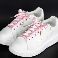 1 par de cordones de zapatos de cinta de poliéster tipo seda de 15 mm de ancho con borde dorado, de unicolor versátiles, adecuados para fiestas, el hogar y exteriores - Cabeza metálica color oro rosa - Ver 2
