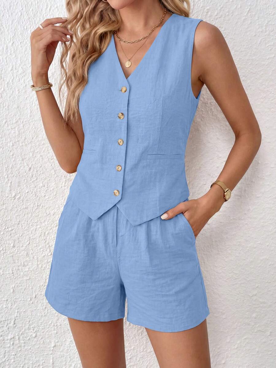 PRETTYGARDEN Women's Summer Clothes Tanktop 2 Piece Sets Outfits Sleeveless Matching Button Down V Neck Vest Waistcoat And Pockets Going Out Short Sets Vacation - 淺藍色 - 查看 1
