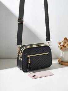 Fashionable Embossed Bag With Tassel, Multi-Layer Crossbody Shoulder Bag For Women - Black - View 2
