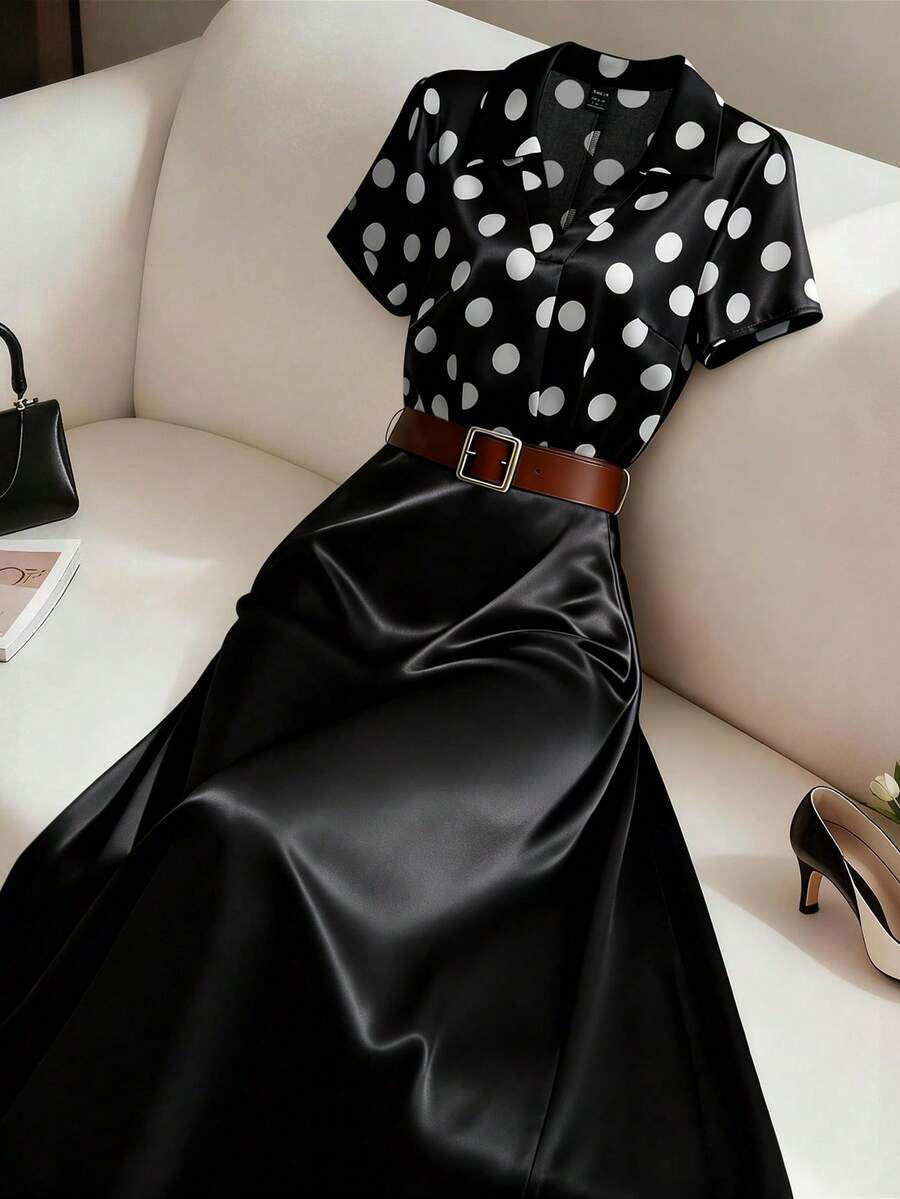 女士波点衬衫半裙套装：时尚优雅。这款修身两件套包括一件夏季短袖V领上衣和一条高腰半裙，非常显瘦。 - 黑與白 - 查看 1