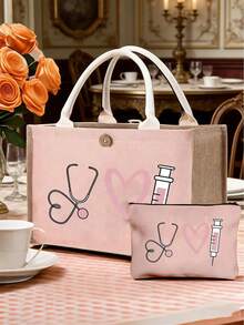 Túi xách chủ đề y tá và túi đựng mỹ phẩm cùng kiểu - Túi xách tay cỡ lớn bằng vải canvas màu hồng, phối vải lanh, in hình ống nghe, trái tim, kim tiêm, nhiệt kế - Bền chắc và nhẹ, đồ dùng thiết yếu hàng ngày cho y tá, túi đựng đa năng, túi đựng đồ vệ sinh cá nhân, ví, túi cầm tay, thích hợp cho đi làm, du lịch, mua sắm, dã ngoại, quà tặng Ngày của Mẹ, Ngày Quốc khánh. - Nhiều màu - Xem 1