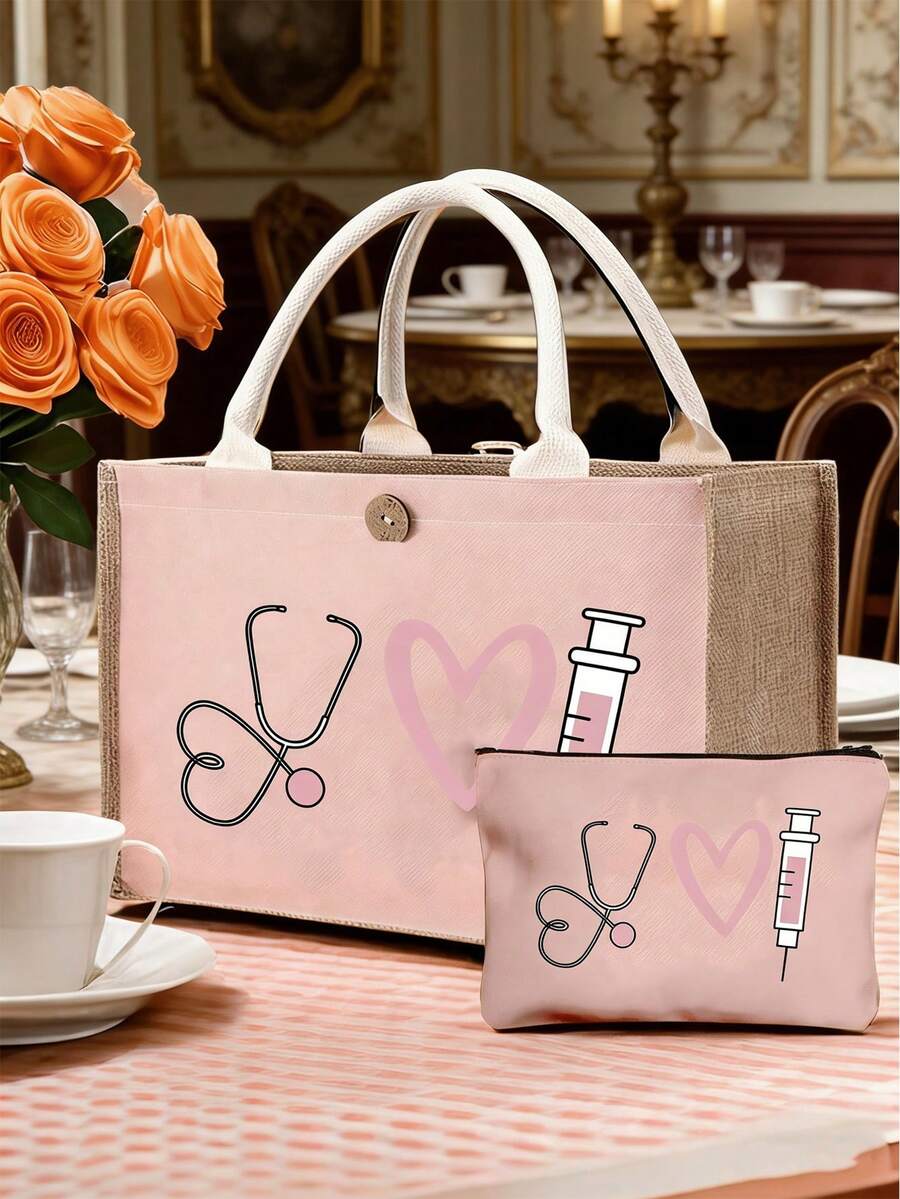 Túi xách chủ đề y tá và túi đựng mỹ phẩm cùng kiểu - Túi xách tay cỡ lớn bằng vải canvas màu hồng, phối vải lanh, in hình ống nghe, trái tim, kim tiêm, nhiệt kế - Bền chắc và nhẹ, đồ dùng thiết yếu hàng ngày cho y tá, túi đựng đa năng, túi đựng đồ vệ sinh cá nhân, ví, túi cầm tay, thích hợp cho đi làm, du lịch, mua sắm, dã ngoại, quà tặng Ngày của Mẹ, Ngày Quốc khánh. - Nhiều màu - Xem 1