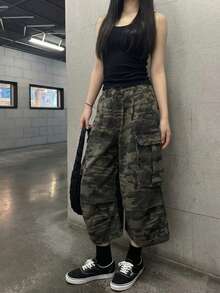 YEAE | Quần jeans ống rộng lửng kiểu capri họa tiết rằn ri dành cho nữ, phong cách thường ngày mùa hè - Ngụy trang - Xem 1