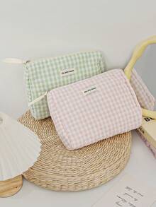 Túi đựng mỹ phẩm chần bông kẻ caro xanh trắng, kiểu dáng thời trang, dung tích lớn, có khóa kéo, túi trang điểm du lịch không thể thiếu khi đi nghỉ mát. - màu xanh lá - Xem 2