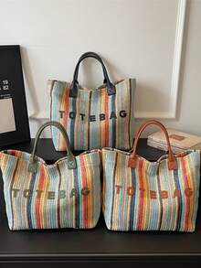 Colorful Striped Straw Tote Bag, Large Capacity Handbag, Versatile Casual Beach Bag For Travel & Vacation - Brown - View 2