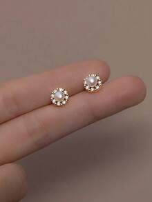 1 Đôi bông tai ngọc trai hình hoa hướng dương bằng bạc Sterling S925, tinh tế và duyên dáng, nữ tính và ngọt ngào, thanh lịch và nghệ thuật, dễ dàng đeo hàng ngày, món quà thời trang. - Hoa hướng dương - Xem 2