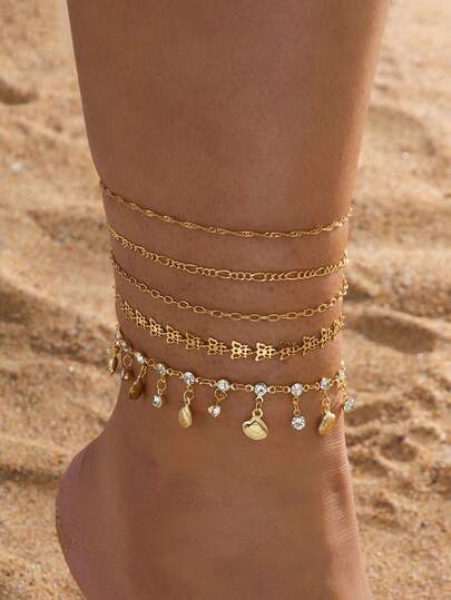 5件套奢华优雅设计经典优雅度假海洋风金色闪亮贝壳吊坠脚链套装（女士款）