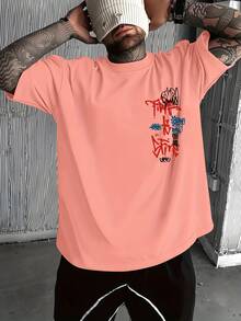 Summer Clothes Oversize Hombre American Street Graffiti-Style T-Shirt With Multicolor Font Print – Hip-Hop Men' Top 100 Percent Cotton Graphic Tees - 粉色 - 查看 3