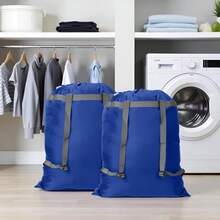 Paquete de 2 mochilas para la colada bolsa de lavandería resistente de 27 x 34 pulgadas con correas para el hombro cierre de cordón mochila de lavandería plegable resistente para la - Azul x 2 - Ver 3