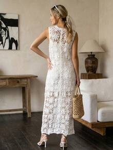 Đầm ren khoét rỗng màu trắng, đầm dài kiểu bohemian xẻ tà, thích hợp cho lễ Phục sinh và kỳ nghỉ hè. - trắng - Xem 7
