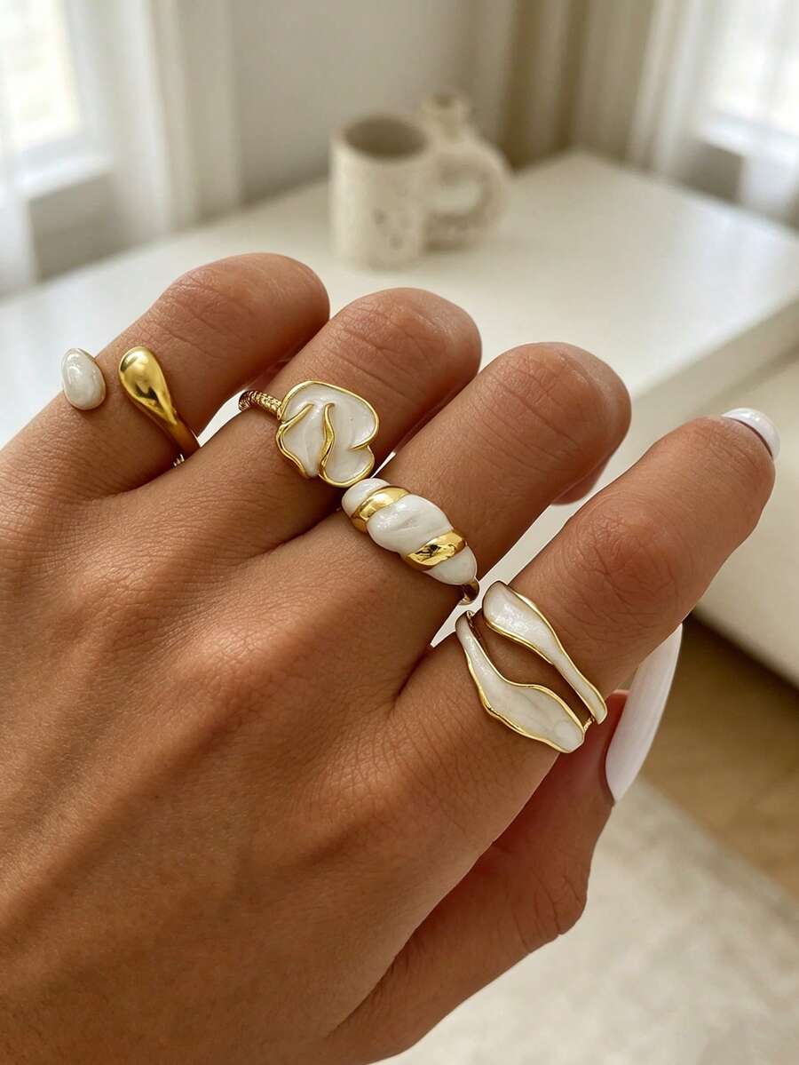 4pcs Handmade Enamel Drip Oil Geometric Shaped Rings, Exquisite Luxury French Minimalist Ring Set For Women - Gold - View 1