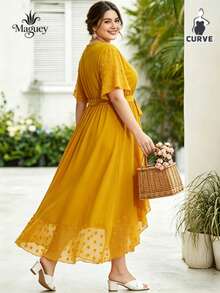 Plus Size Casual Dresses For Women, Plus Size Dresses With Elastic Waist And V-Neck For Ladies, Short Sleeve Chiffon Dresses With Polka Dot Jacquard, Suitable For A Cool And Casual Everyday Summer - 黃色 - 查看 6