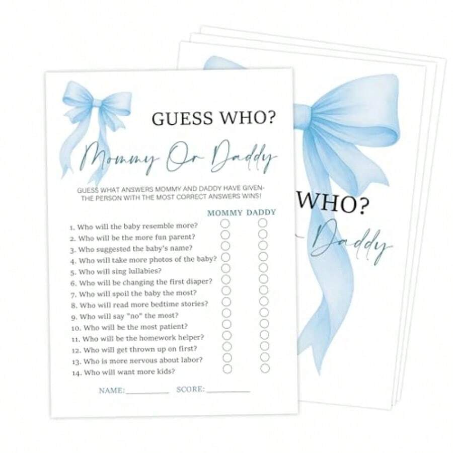 NBlue Bow Gu Who Mommy Or Daddy Game Pack Of 30 Game Cards Blue Coquette Bow Baby Shower Game Gender Reveal Party Decorations Gender Neutral - KR071 - 猜猜誰是爸爸媽媽 - 查看 1