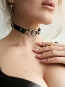 Gothic Punk PU Leather Choker Necklace For Women, Big Metal Chain Link Choker, Adjustable PU Leather Collar, Y2K Fashion Body Accessory For Rave Festival Club - Black - View 8