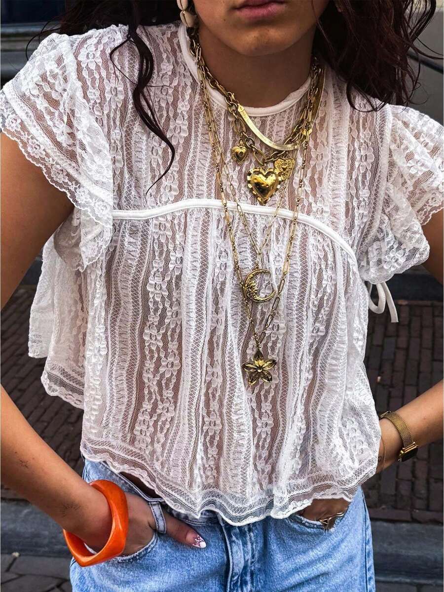 Women's Sleeveless Solid Lace Sheer Ruffle Trim Mock Neck Tie Back Crop Top, Cold Shoulder 2026 Summer Y2K Boho Casual Going Out Blouse - Blanco - Ver 1