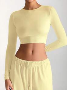 Cream Yellow Crew Neck Long Sleeve Fitted T-Shirt, Cropped Casual Sports Top For Women, Summer Spring - Light Yellow - View 10