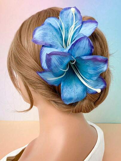 1 pieza Clip de pelo de flor de lirio artificial de gran tamaño con degradado azul y morado para el verano - Accesorio de pelo de seda de lirio declarativo para mujeres, bodas en la playa, recogidos nupciales, fiestas y vacaciones de verano, pinzas de garra, viajes, cumpleaños