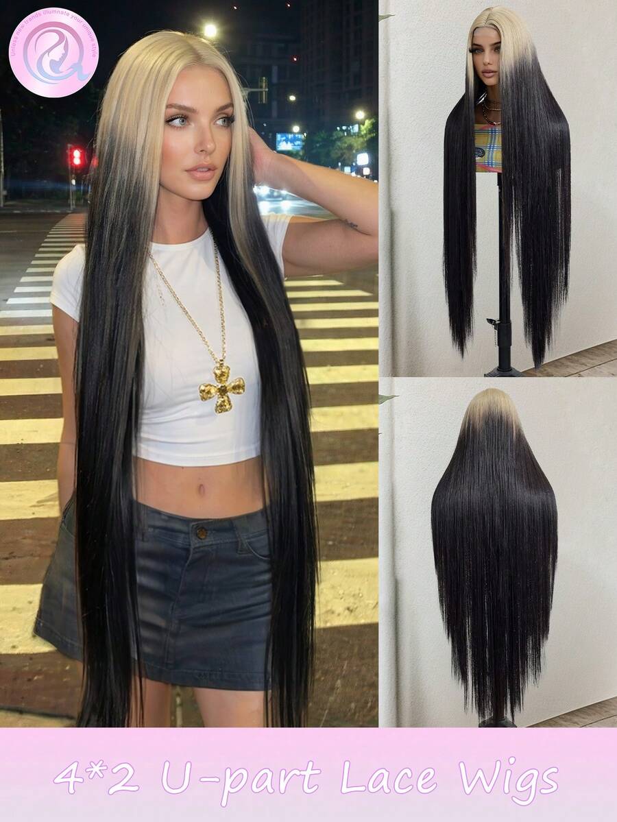 4*2U-Shaped Braided Gray Straight Wig, 42 Inch Extra Long Straight Silver Gray Synthetic Wig With Elastic Cap, Suitable For Daily Wear And Festive Gatherings, Fits All Skin Tones