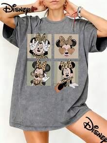 Disney A Stylish Oversized Vintage T-Shirt Featuring A Playful Minnie Mouse Design With Leopard Print, Perfect For Spring And Summer 2026. This Crew Neck Shirt Is A Favorite Among Vintage Fashion Enthusiasts - Xám - Xem 1