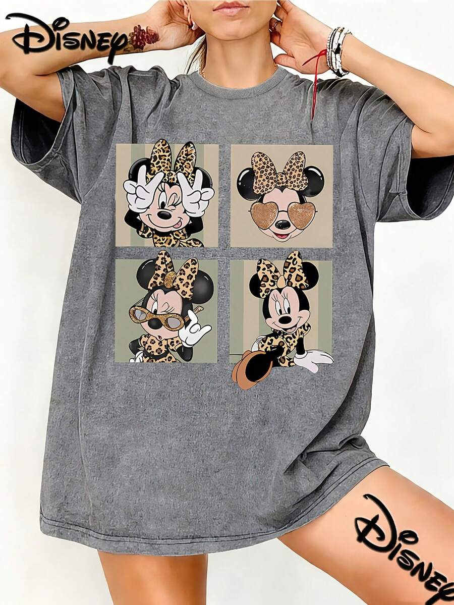 Disney A Stylish Oversized Vintage T-Shirt Featuring A Playful Minnie Mouse Design With Leopard Print, Perfect For Spring And Summer 2026. This Crew Neck Shirt Is A Favorite Among Vintage Fashion Enthusiasts - Xám - Xem 1