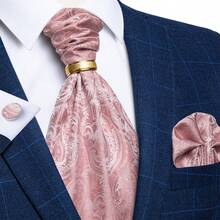 Bộ 4 món trang sức nam thanh lịch màu hồng họa tiết cây nhiệt đới gồm cà vạt Ascot, khăn cài túi áo, khuy măng sét và nhẫn vàng, thích hợp cho tiệc cưới. - Hồng - Xem 5
