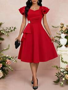Fleurora Vestido de verano elegante de mujer con volantes y adornos de strass en la cintura - Rojo - Ver 3