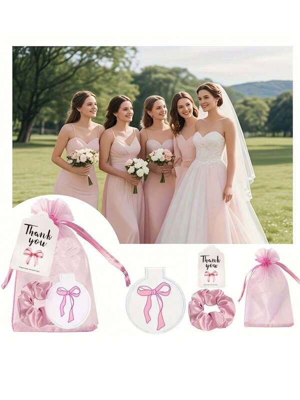 24pcs/6sets Wedding Bridesmaid Gift Set - Bow Mirror And Pink Headband, With Thank You Card And Organza Bag - Bridesmaid Party Favor, Wedding Guest Gift, Bridal Shower Gift, Graduation Gift, Birthday Gift, Wedding Gift, Party Supplies