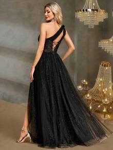 BluePlum Women's Asymmetric One Shoulder Mesh Formal Evening Gown (Heavily Embellished) Wedding Black Spring Party - Black - View 7
