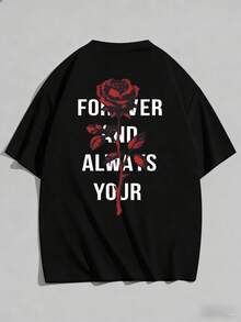 2 Pieces Couple Matching Unisex Cotton Tees With Romantic Rose Print, Perfect For Daily Casuals And Vacation. - Black 3 - View 4